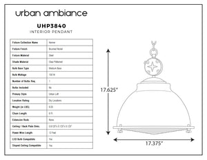 A diagram showing the dimensions of the unique UHP3840 Urban Loft Pendant Light, 17.625