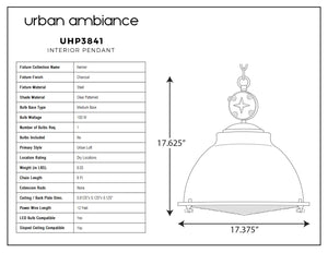 A diagram showing the dimensions of the UHP3841 Urban Loft Pendant Light, 17.625