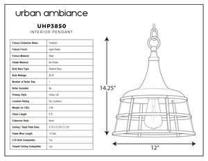 A diagram showing the dimensions of the beautiful UHP3850 Urban Loft Pendant Light, 14.25