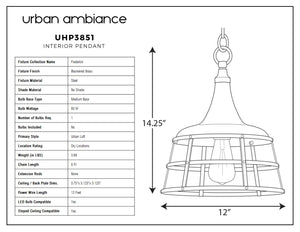 A diagram showcasing the dimensions of the stunning UHP3851 Urban Loft Pendant Light from the Frederick Collection by Urban Ambiance.