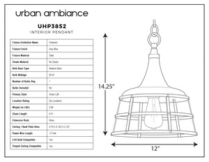 A diagram displaying the dimensions of the unique UHP3852 Urban Loft Pendant Light from the Frederick Collection by Urban Ambiance.
