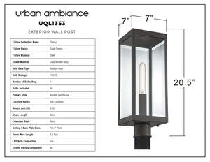 Urban Ambiance UQL1353 Modern Farmhouse Outdoor Post/Pier Light from the Quincy Collection features a rectangular design in an estate bronze finish with clear beveled glass, measuring 20.5 inches high and 7 inches wide—an ideal option for modern farmhouse outdoor lighting. Specifications are detailed in the table on the left.