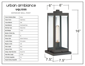 Urban Ambiance UQL1355 Modern Farmhouse Outdoor Pier Light from the Quincy Collection, measuring 16 inches high by 7.5 inches wide, features clear beveled glass and an elegant Estate Bronze finish. The table provides dimensions, features, and specifications for this classic outdoor light with beveled glass.