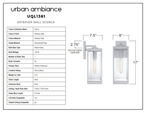 Diagram of the Urban Ambiance UQL1361 Modern Farmhouse Outdoor Wall Light from the Quincy Collection, showcasing dimensions (17″H x 6″W), specifications, and materials such as a durable stainless steel finish and beveled glass lantern design—ideal as a stylish stainless steel outdoor sconce.