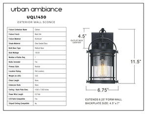 The UQL1430 Nautical Outdoor Wall Light from the Cannes Collection by Urban Ambiance features a Black Silk finish and clear seeded glass. Measuring 11.5″ high by 6.75″ wide, it extends 6.25″ from the wall and accommodates one E26 bulb up to 100 watts, offering vintage-inspired style for your outdoor space.
