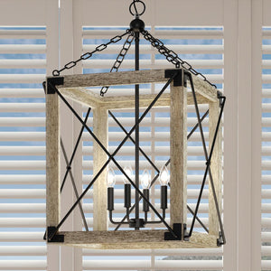 An Urban Ambiance UQL3040 Farmhouse Chandelier, a unique and luxury lighting fixture, hangs over a window with shutters.