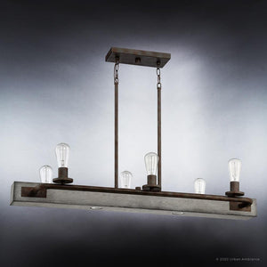 A unique lighting fixture, the UQL3070 Utilitarian Chandelier by Urban Ambiance features four bulbs hanging from it.