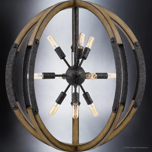 The UQL3110 XL Urban Loft Chandelier by Urban Ambiance features exposed bulbs, metal arms, and circular bands in a weathered black finish, creating an open spherical look from the Abilene Collection (28.75