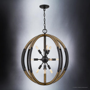 The UQL3110 XL Urban Loft Chandelier by Urban Ambiance features exposed bulbs on spokes within rustic wood and metal rings, finished in weathered black. Size: 28.75