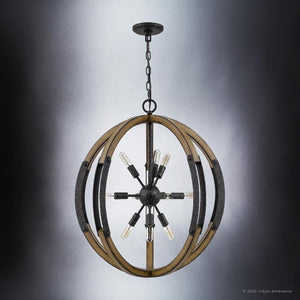 The Urban Ambiance UQL3110 XL Urban Loft Chandelier from the Abilene Collection features a weathered black finish, suspended design, and eight exposed bulbs arranged circularly for a rustic, stylish look. Measures 28.75