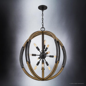The UQL3110 XL Urban Loft Chandelier by Urban Ambiance features exposed bulbs in a starburst design, intersecting metal bands, and a weathered black finish; 28.75