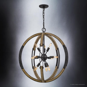The UQL3110 XL Urban Loft Chandelier from Urban Ambiance’s Abilene Collection features overlapping metal and wood rings, a weathered black finish, and exposed bulbs in a starburst pattern. Measures 28.75