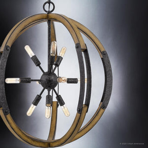 The UQL3110 XL Urban Loft Chandelier by Urban Ambiance features exposed bulbs set in overlapping weathered black rings, 28.75