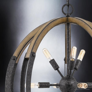 Close-up of the Urban Ambiance UQL3110 XL Urban Loft Chandelier from the Abilene Collection, featuring curved wooden and metal arcs with exposed bulbs, 28.75