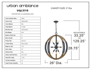 The UQL3110 XL Urban Loft Chandelier by Urban Ambiance from the Abilene Collection features a weathered black finish, measures 28.75