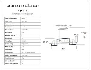 Introducing the UQL3241 Minimalist Chandelier from Urban Ambiance’s Odessa Collection—a rectangular black steel fixture featuring four clear glass globe lights. Finished in Natural Black, this modern chandelier is adjustable in height from 13″ to 49″ and measures 40″ wide overall. See specifications and dimensions next to the image.