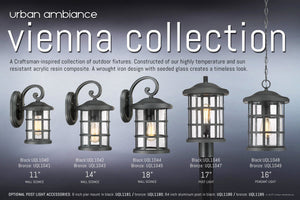 Five Vienna Collection outdoor lights from Urban Ambiance are shown, featuring the UQL1044 Craftsman Outdoor Wall Light in natural black with marine-grade durability and stylish seeded glass lantern design.