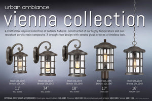 A row of five Vienna Collection outdoor light fixtures is displayed, showcasing a range of sizes and styles with wrought iron designs, seeded glass, and a refined Parisian Bronze finish. Featured among them is the Urban Ambiance UQL1045 Craftsman Outdoor Wall Light (17.75″H x 10″W), crafted with marine-grade construction for lasting durability.