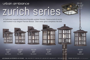 Showcase of the weather-resistant UQL1235 Craftsman Outdoor Wall Light by Urban Ambiance, measuring 15.5″H x 9.5″W, from the Zurich Collection in a Parisian Bronze finish and featuring marine-grade construction.