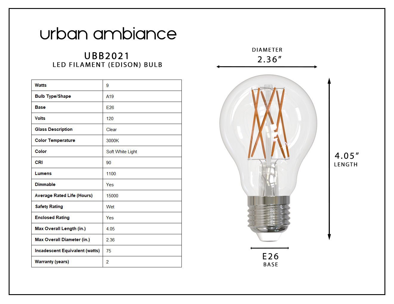 UBB2021 Luxury LED Bulbs 75W Equivalent Vintage Edison Style A19 Sh Urban Ambiance