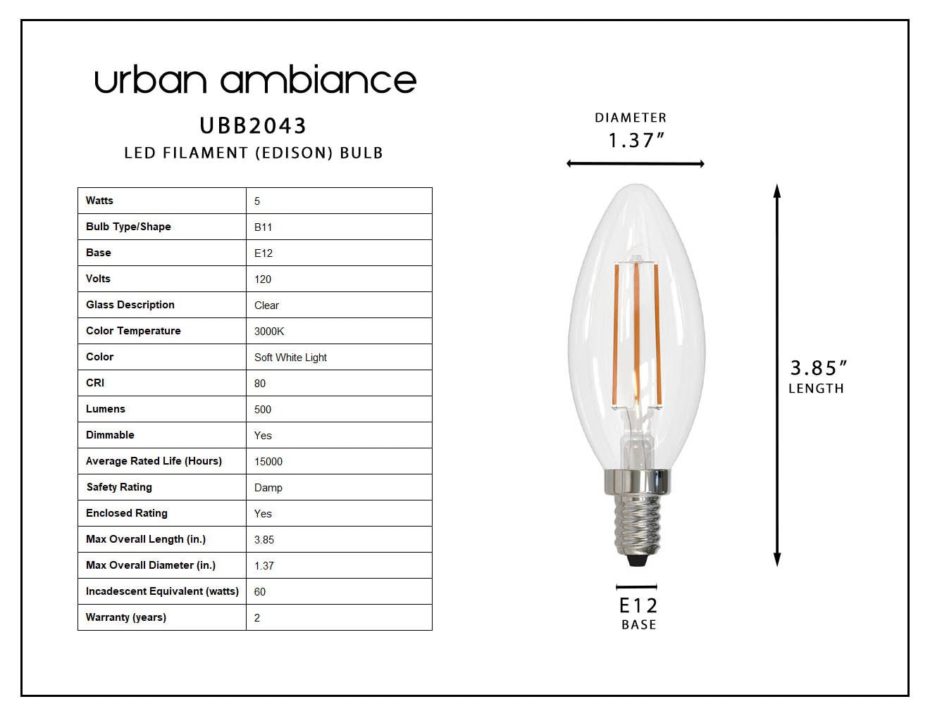 E12 edison bulb 60w top