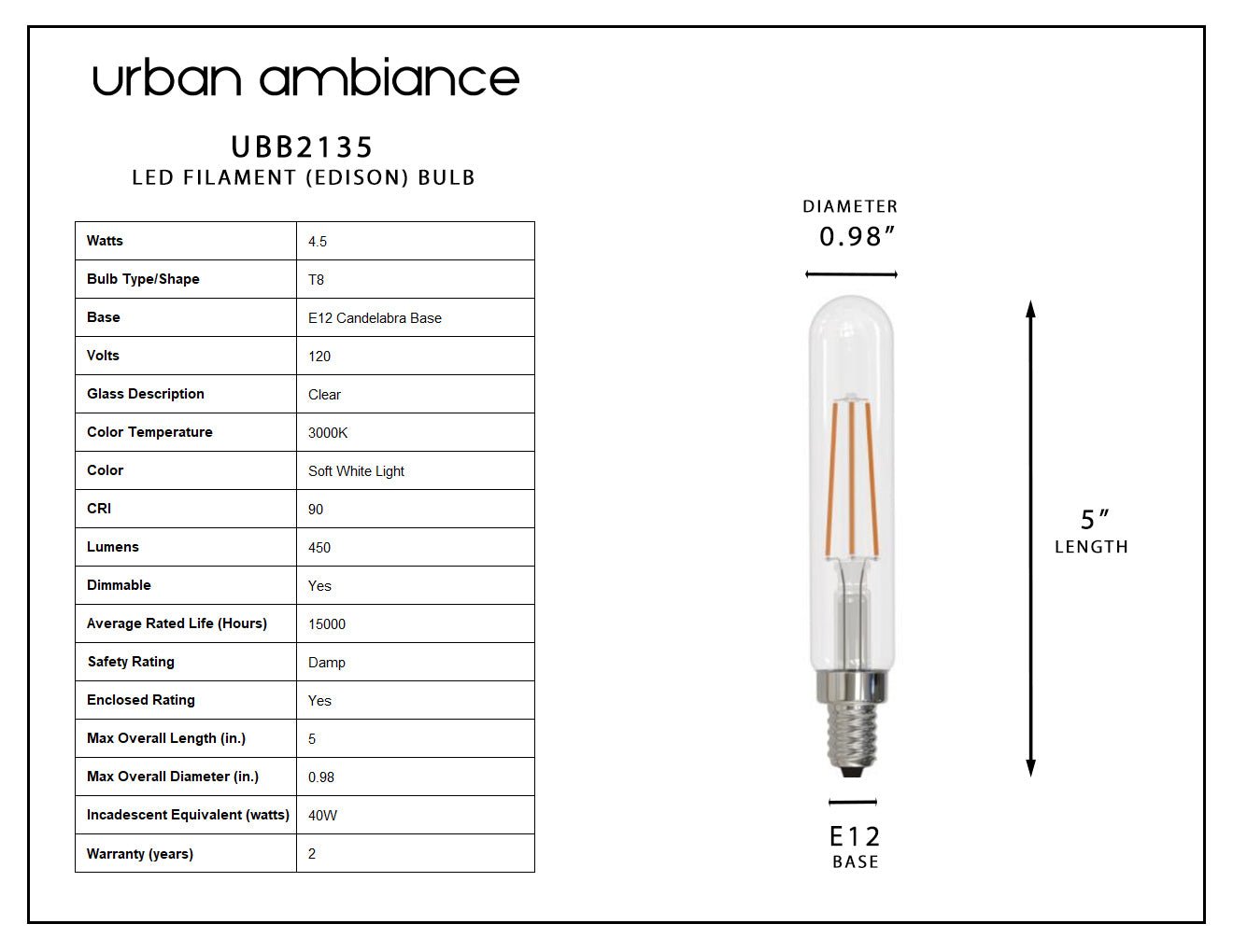 UBB2135 Luxury LED Bulbs 40W Equivalent Vintage Edison Style T8 Sha Urban Ambiance