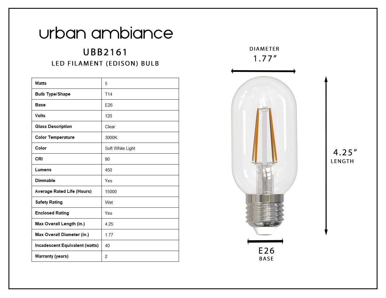 UBB2161 Luxury LED Bulbs 40W Equivalent Vintage Edison Style T14 Sh Urban Ambiance
