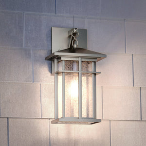 A beautiful UEX1000 Craftsman Outdoor Wall Sconce 14''H x 7''W, Burnished Aluminum Finish, Milwaukee Collection by Urban Ambiance on a white wall