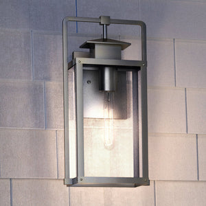 A beautiful UEX1031 Lux Industrial Outdoor Wall Sconce 17''H x 8''W, Burnished Aluminum Finish, Knoxville Collection by Urban Ambiance mounted on a wall.