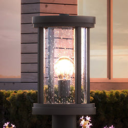 A beautiful and unique Urban Ambiance outdoor light with a UEX1044 Nautical Outdoor Post Light in Oil Rubbed Bronze Finish, featuring a luxury Rockland Collection flower in the middle.