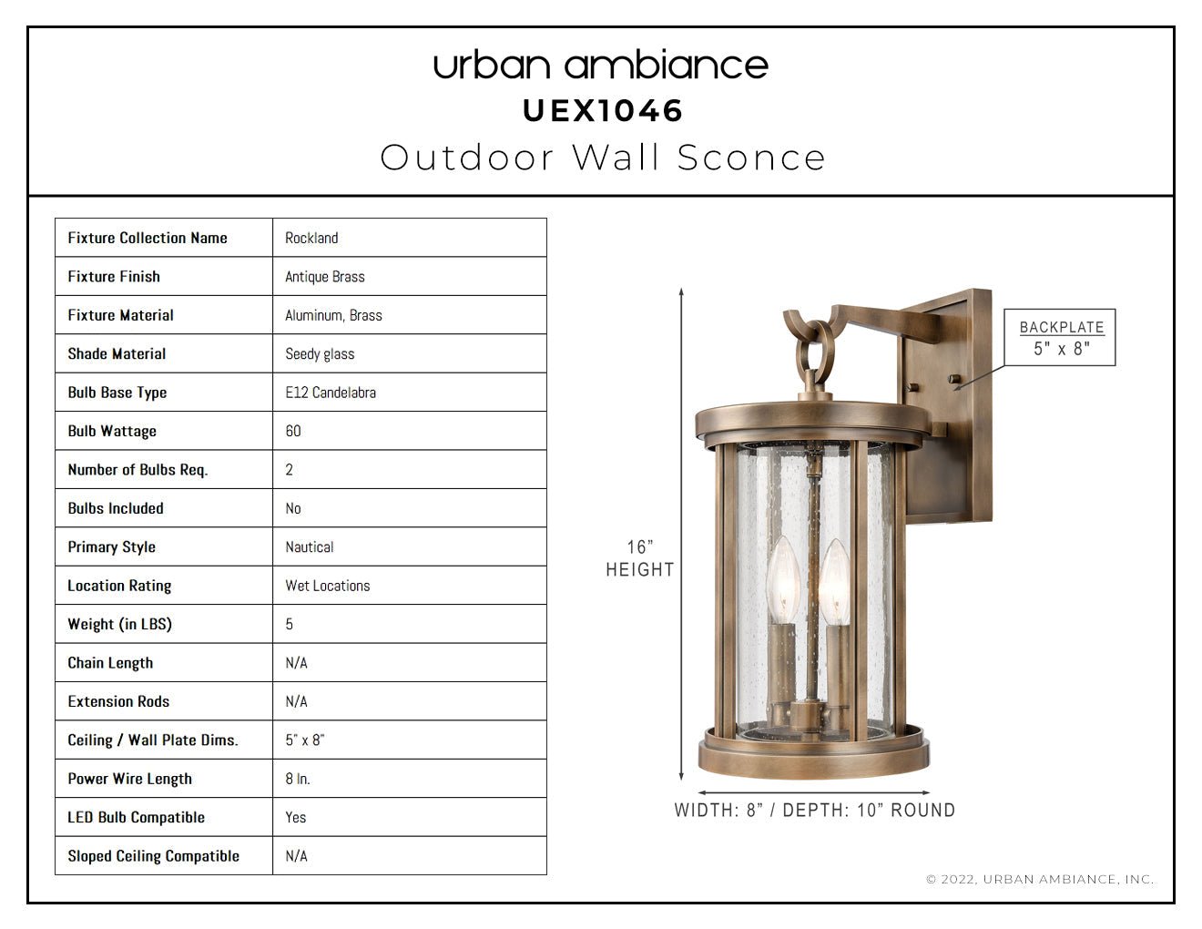 UEX1046 Nautical Outdoor Wall Sconce 16''H x 8''W, Antique Brass Finish,  Rockland Collection