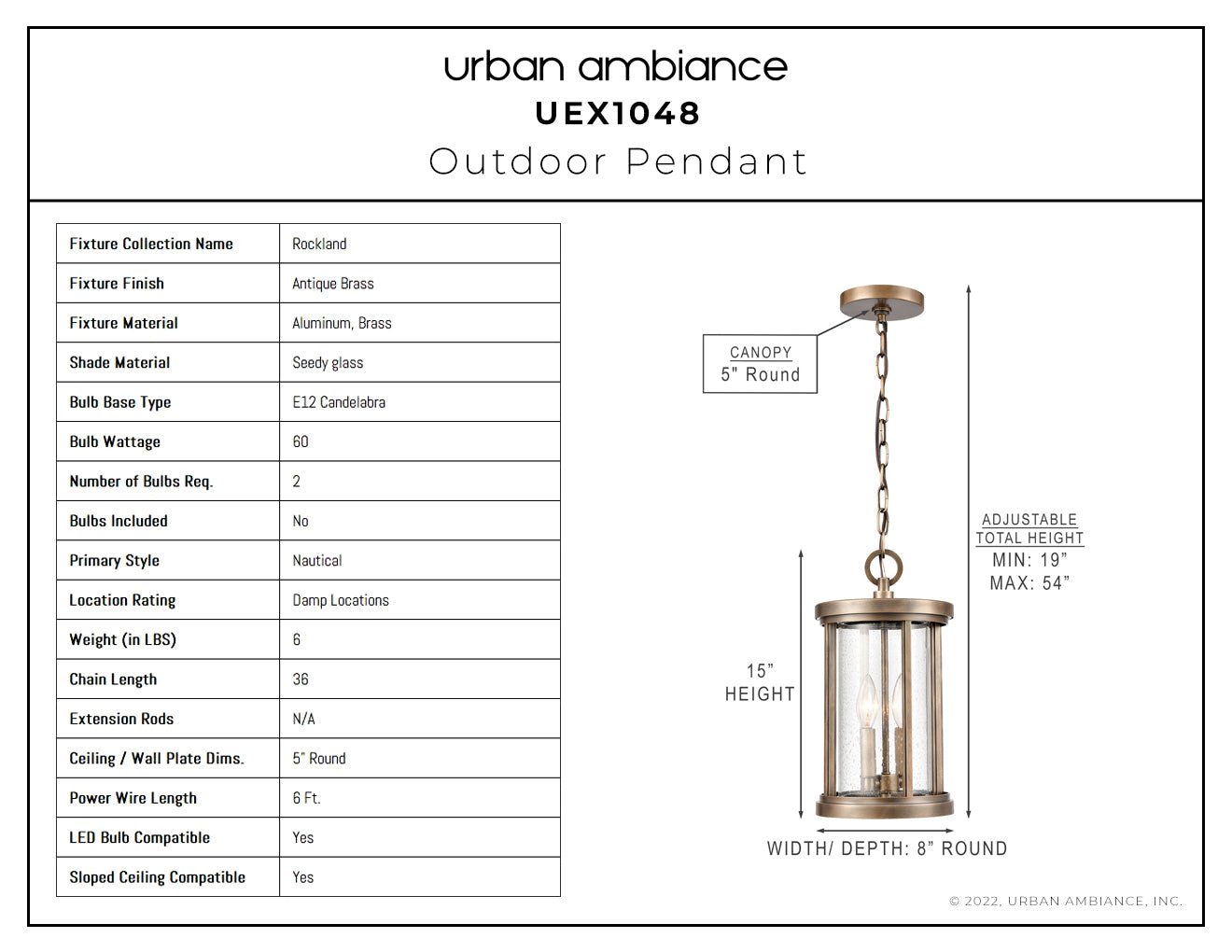 UEX1048 Nautical Outdoor Pendant 15''H x 8''W, Antique Brass Finish,  Rockland Collection