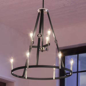 A gorgeous UEX2003 Lux Industrial Chandelier, combining a unique design with a dark bronze and satin nickel finish, hanging in a room.