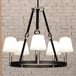A Luxury Industrial Chandelier 20''H x 25''W, Dark Bronze & Satin Nickel Finish, Cheyenne Collection from Urban Ambiance with white shades in front of a