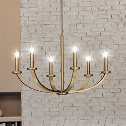 A beautiful lighting fixture, the Urban Ambiance UEX2011 New Traditional Chandelier 18''H x 36''W with a gorgeous Native Brass Finish hangs in a living room.