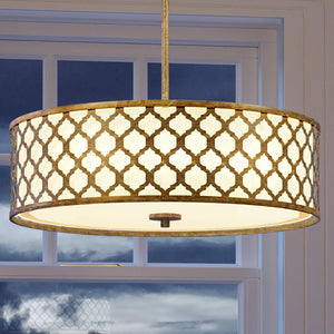 A UEX2022 Moroccan Chandelier, a unique and beautiful 7''H x 20''W lighting fixture from the Arlington Collection by Urban Ambiance, hanging over a window with its Dark