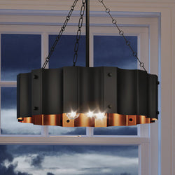 A luxury pendant light, the UEX2044 Lux Industrial Chandelier 23''H x 21''W, with a black & gold finish from the Claremore Collection by Urban Ambiance hanging