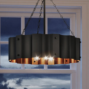 A luxury pendant light, the UEX2044 Lux Industrial Chandelier 23''H x 21''W, with a black & gold finish from the Claremore Collection by Urban Ambiance hanging