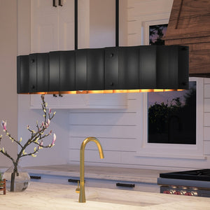 A kitchen with a unique UEX2045 Lux Industrial Chandelier 19''H x 37''W, Black & Gold Finish, Claremore Collection pendant light over a sink by Urban Ambiance