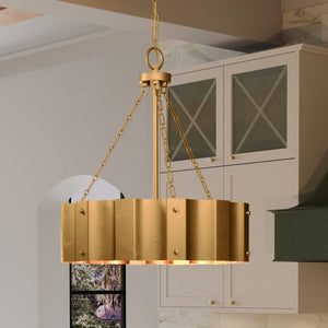 A unique and beautiful UEX2047 Lux Industrial Chandelier 23''H x 21''W, Native Brass Finish, Claremore Collection pendant light hanging over a kitchen island.