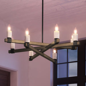 An UEX2052 Modern Farmhouse Chandelier, a gorgeous lighting fixture with four candles hanging from it.