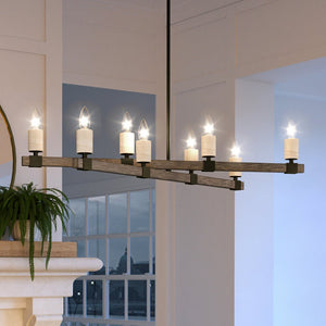 A living room with a beautiful UEX2054 Modern Farmhouse Chandelier 6''H x 39''W, Matte Black Finish and a fireplace.