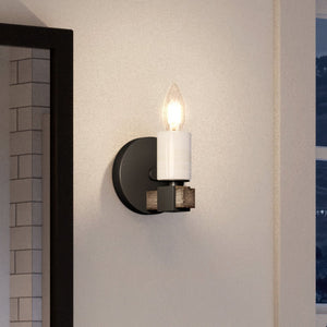 A unique and luxurious UEX2055 Modern Farmhouse Wall Sconce lighting fixture in a bathroom with a mirror, manufactured by Urban Ambiance.