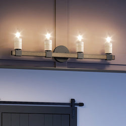 An Urban Ambiance luxury lighting fixture for a unique bathroom ambiance with four UEX2058 candles on it.