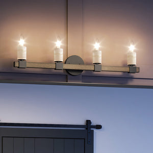 An Urban Ambiance luxury lighting fixture for a unique bathroom ambiance with four UEX2058 candles on it.