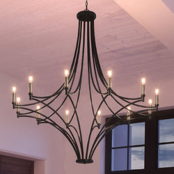 A unique lighting fixture, a UEX2071 Mediterranean Chandelier, 53''H x 48''W, hangs in the living room from the Vineland Collection by Urban Ambiance