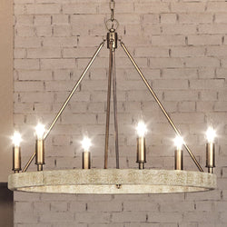 A unique UEX2080 Bohemian chandelier with a gorgeous satin brass finish, showcasing the Rutherford Collection by Urban Ambiance and four lights hanging from it.