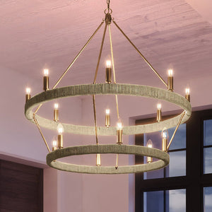 A beautiful and unique lighting fixture, the UEX2082 Bohemian Chandelier in Satin Brass Finish from the Rutherford Collection hangs in a room from Urban Ambiance.