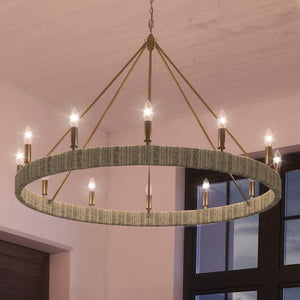 A unique and gorgeous 40''H x 48''W Bohemian chandelier with a Satin Brass finish from the Rutherford Collection by Urban Ambiance in a living room.