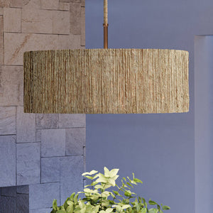 A beautiful UEX2085 Bohemian Chandelier with a Satin Brass Finish hanging over a table with a plant in it.